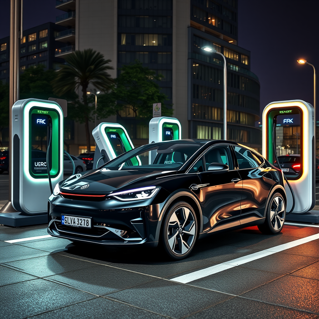 Vehículos eléctricos modernos cargando en estaciones de carga rápida en Buenos Aires, Argentina, con tecnología innovadora y diseño futurista