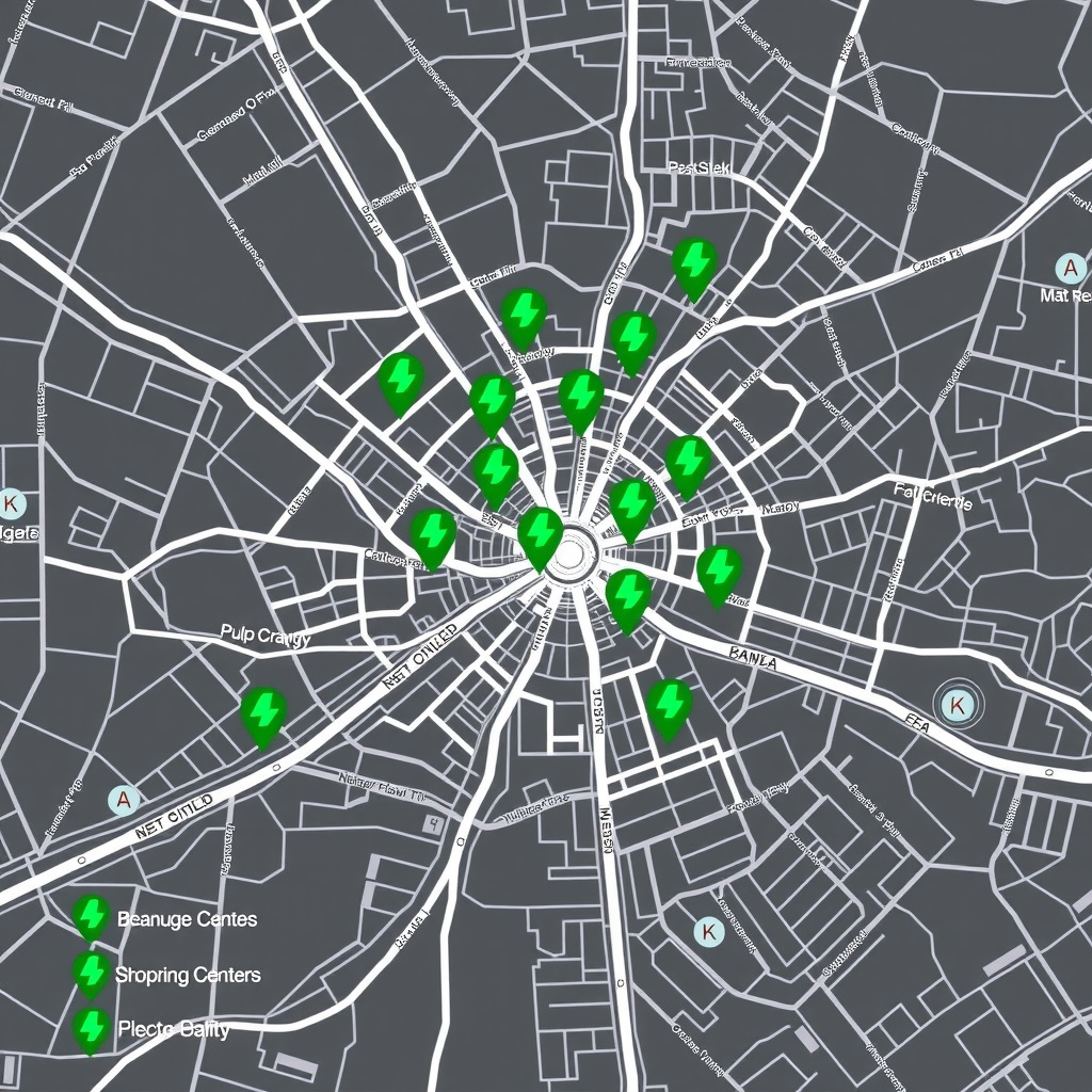 Mapa interactivo de Buenos Aires mostrando ubicaciones de estaciones de carga para vehículos eléctricos, con iconos de rayos verdes marcando puntos de carga rápida en el centro, centros comerciales y autopistas