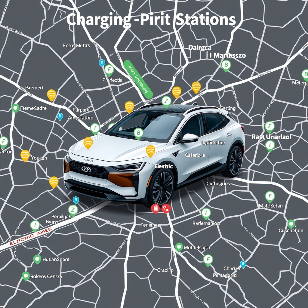 Mapa interactivo mostrando ubicaciones de estaciones de carga para vehículos eléctricos en Buenos Aires, con puntos de carga rápida destacados en centros comerciales y autopistas