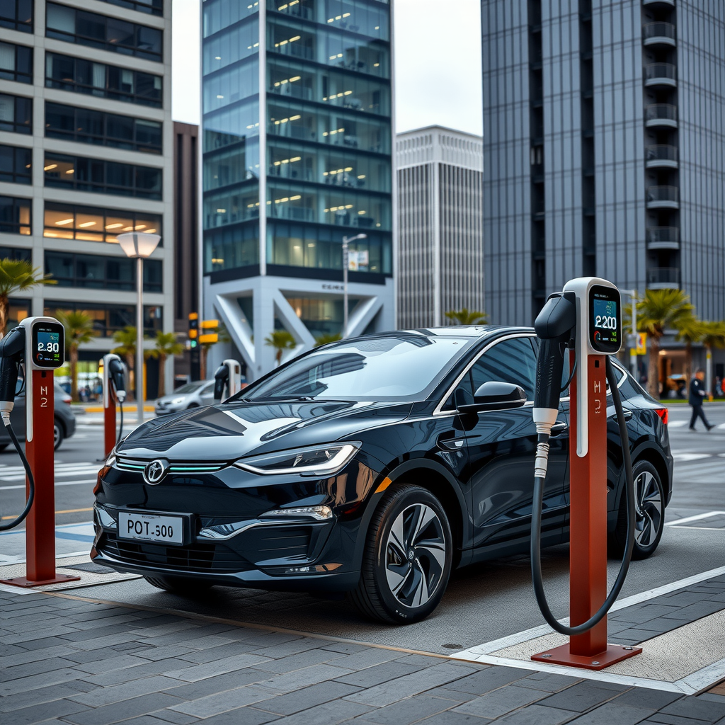 Estación de carga para vehículos eléctricos moderna en Buenos Aires con múltiples conectores, pantalla digital y un auto eléctrico conectado, fondo urbano con edificios modernos
