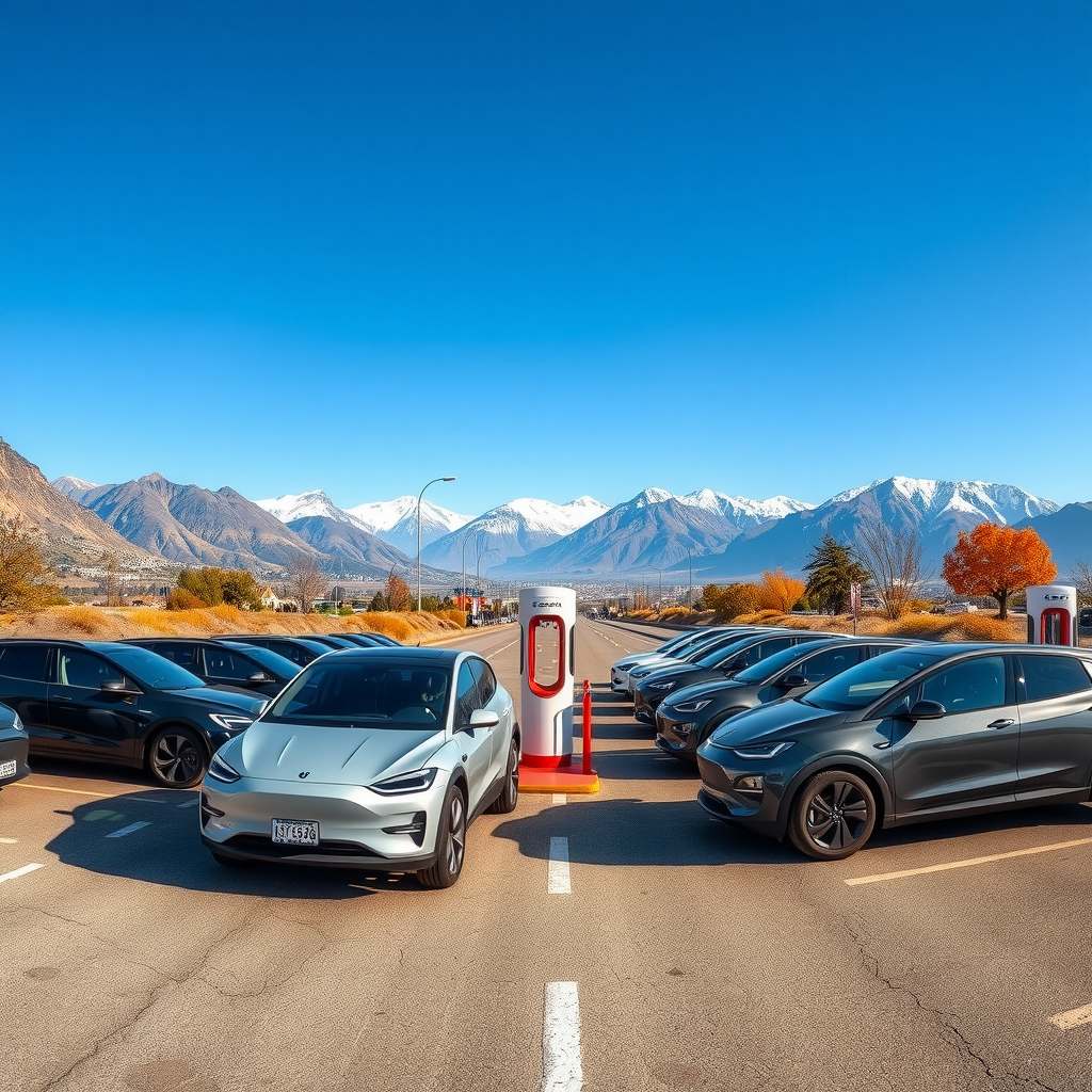 Vista panorámica de autos eléctricos modernos estacionados en una ruta escénica argentina con montañas andinas al fondo, cielo azul despejado y estación de carga rápida visible