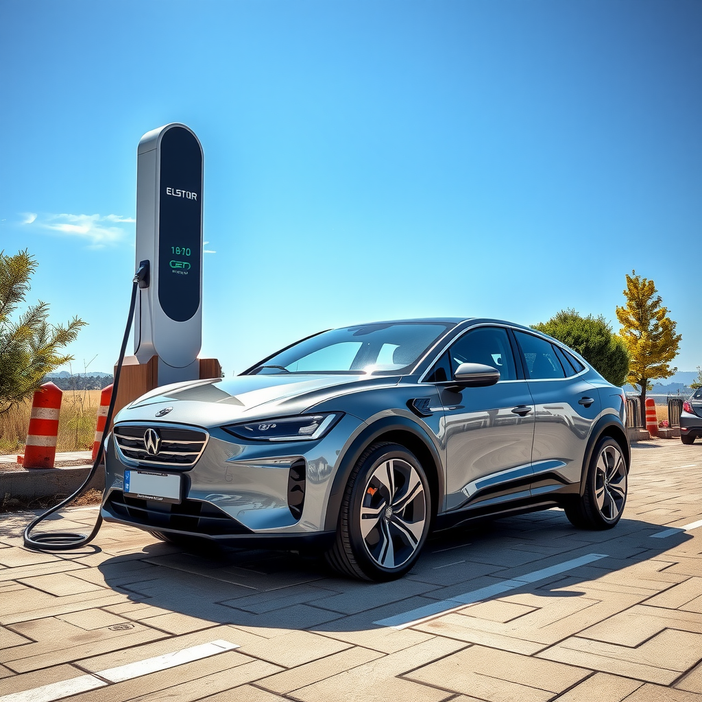 Vehículo eléctrico moderno conectado a un punto de carga en un día soleado de verano, con cielo azul despejado y temperatura alta visible en el ambiente