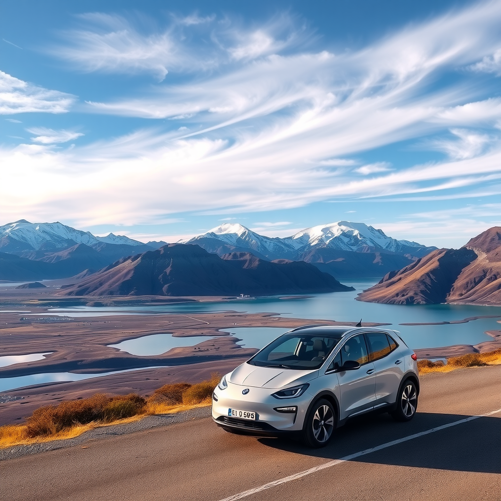 Vista panorámica de la Patagonia con montañas nevadas, lagos cristalinos y un vehículo eléctrico moderno en primer plano en una carretera escénica