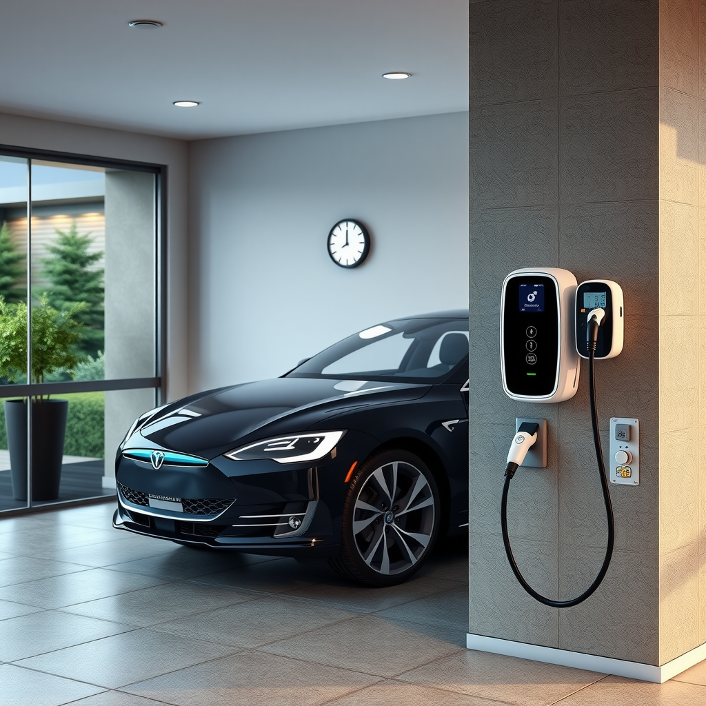 Estación de carga doméstica moderna instalada en garaje residencial con vehículo eléctrico conectado, mostrando pantalla digital y cable de carga organizado en soporte de pared