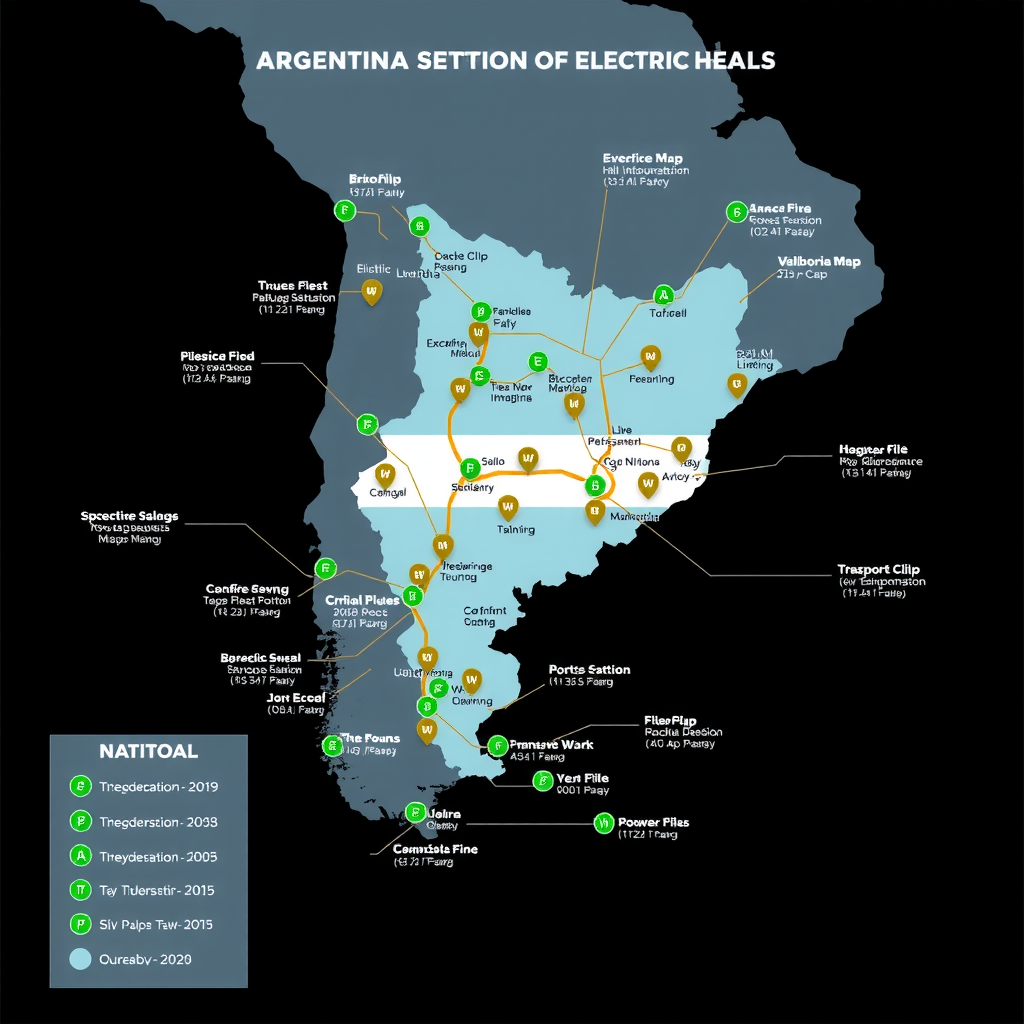 Mapa interactivo de Argentina mostrando la red nacional de estaciones de carga para vehículos eléctricos, con puntos de carga distribuidos en ciudades principales y rutas estratégicas