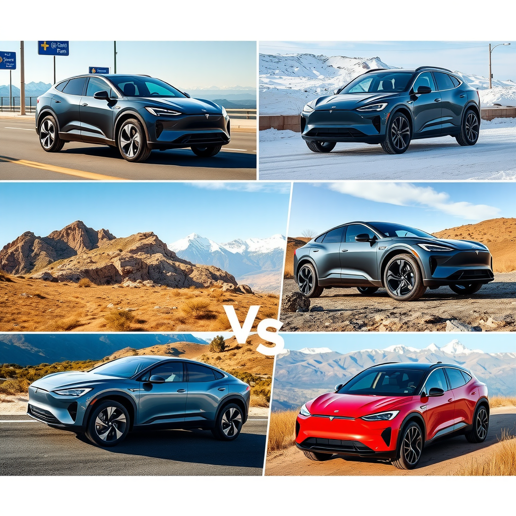 Collage de cinco vehículos eléctricos modernos en paisajes argentinos diversos: un compacto urbano en calles de Buenos Aires, un SUV robusto en montañas andinas, y modelos intermedios en rutas patagónicas, todos con diseño futurista y colores vibrantes
