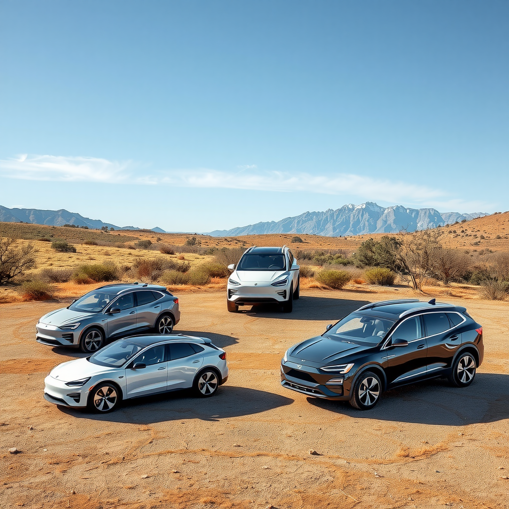 Comparación visual de cinco vehículos eléctricos modernos en paisaje argentino, mostrando modelos compactos urbanos y SUVs robustos con especificaciones de autonomía y características destacadas