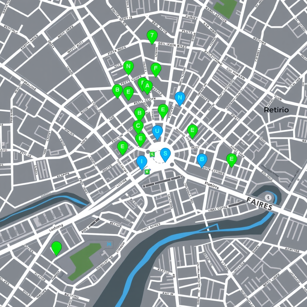 Mapa interactivo del centro de Buenos Aires mostrando ubicaciones de estaciones de carga EV con iconos verdes y azules, calles principales marcadas, Puerto Madero y Retiro destacados