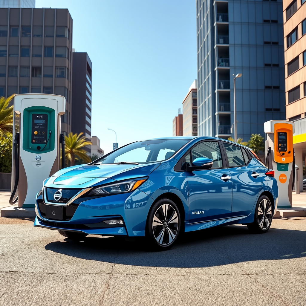Nissan Leaf e+ color azul eléctrico estacionado frente a una estación de carga moderna en Buenos Aires, con edificios urbanos de fondo y cielo despejado
