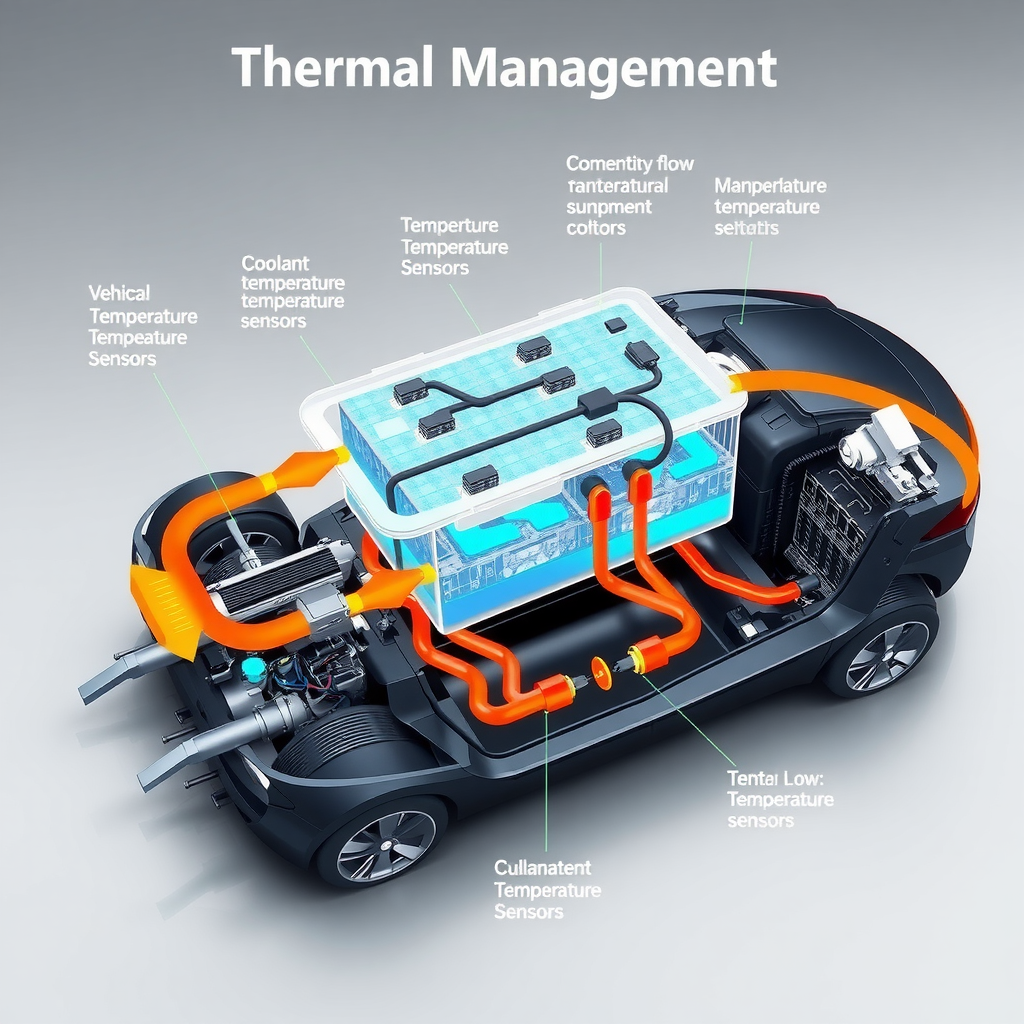 Diagrama ilustrativo del sistema de gestión térmica de una batería de vehículo eléctrico, mostrando el flujo de refrigerante y sensores de temperatura distribuidos en el paquete de baterías