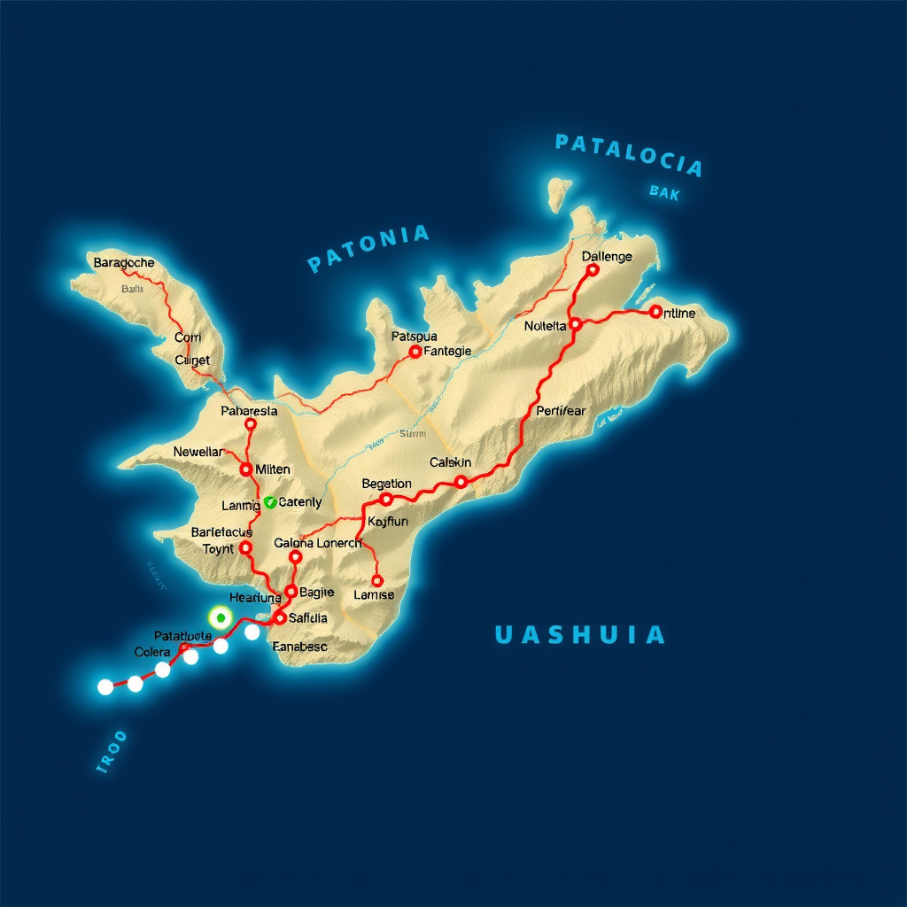 Mapa interactivo de la Patagonia mostrando la ruta desde Bariloche hasta Ushuaia con iconos de estaciones de carga eléctrica marcadas a lo largo del camino