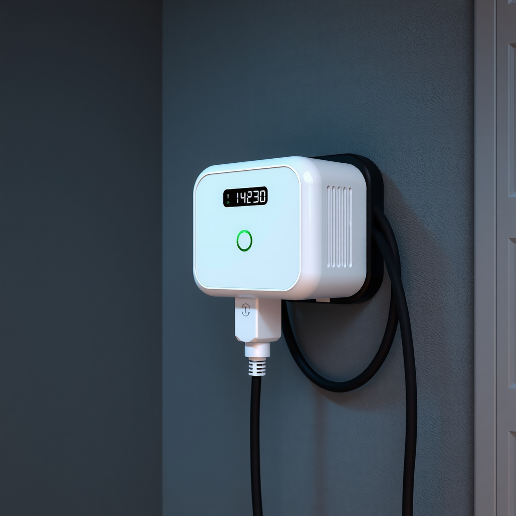 Cargador de pared Nivel 2 de diseño moderno montado en garaje, con pantalla LED mostrando estado de carga, cable enrollado profesionalmente y acabado premium