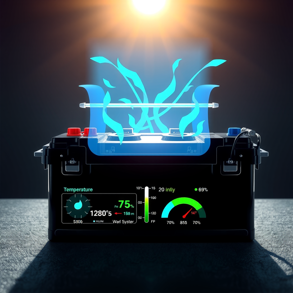Ilustración técnica de una batería de vehículo eléctrico con indicadores de temperatura, mostrando sistema de enfriamiento activo bajo sol intenso de verano argentino, con gráficos de gestión térmica y niveles óptimos de carga en colores azul y verde