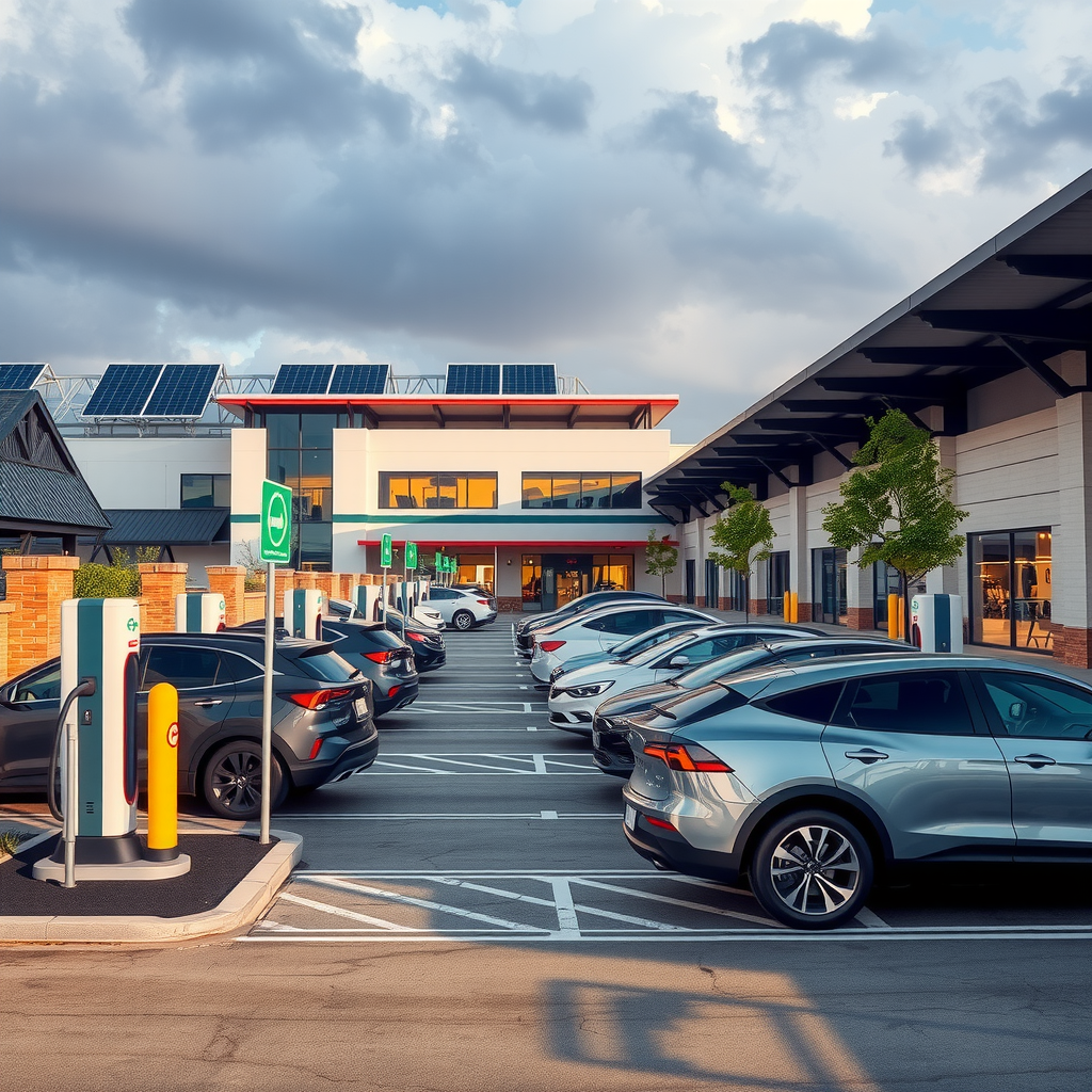 Estacionamiento de centro comercial moderno con múltiples estaciones de carga para vehículos eléctricos, autos conectados, señalización clara y techo con paneles solares