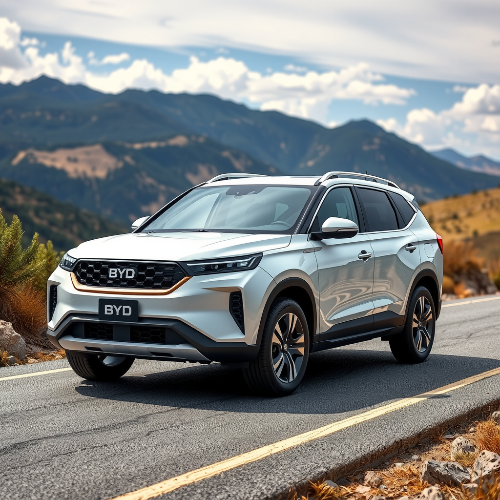 BYD Atto 3 SUV color blanco perla en una ruta de montaña argentina con paisaje andino, mostrando su diseño moderno y robusto