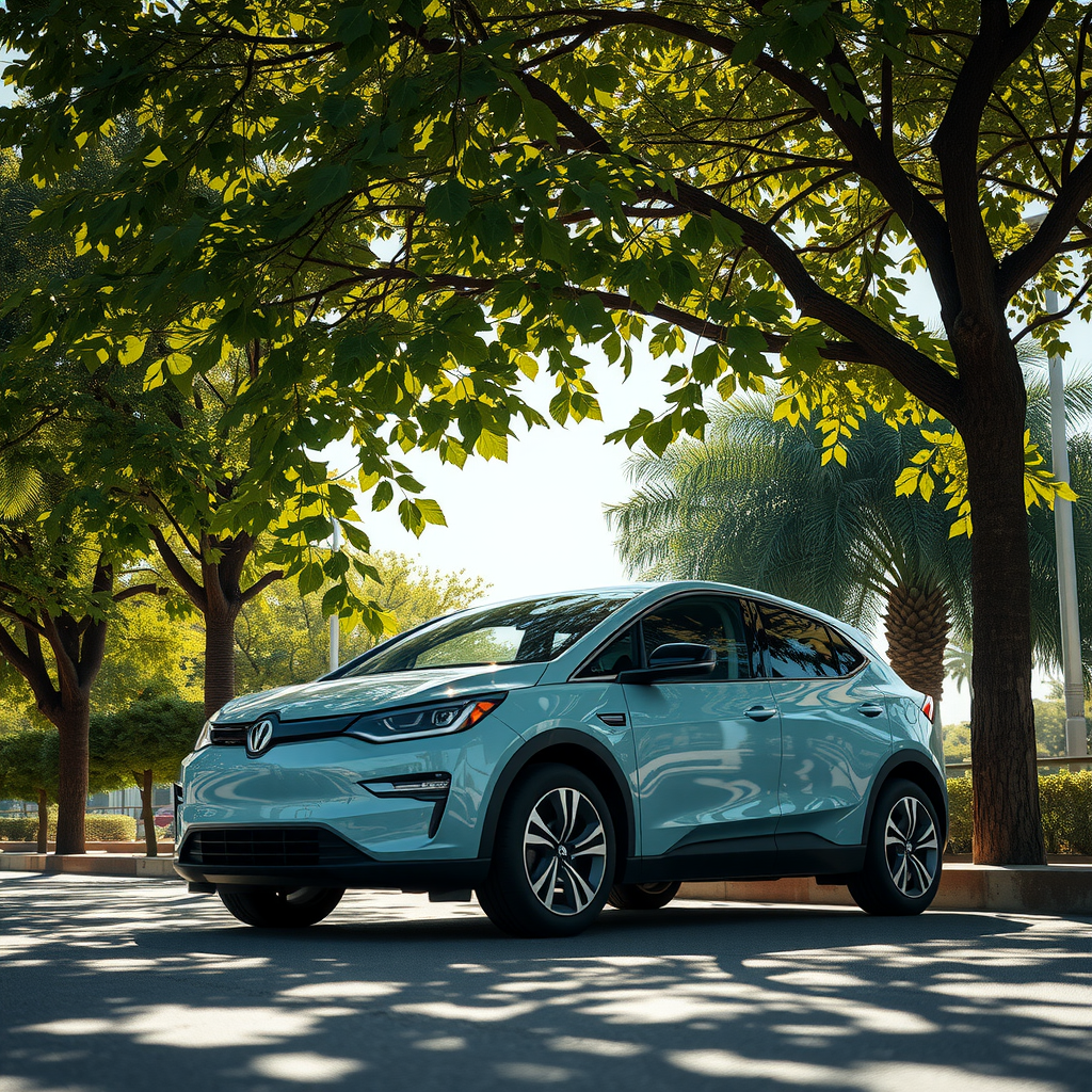 Vehículo eléctrico estacionado bajo la sombra de árboles frondosos en un día soleado, mostrando la importancia del estacionamiento estratégico para proteger la batería del calor extremo