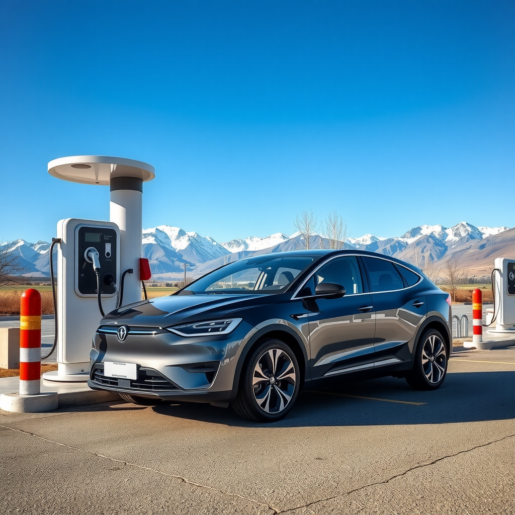 Vehículo eléctrico cargando en una estación moderna con montañas patagónicas al fondo y cielo azul despejado