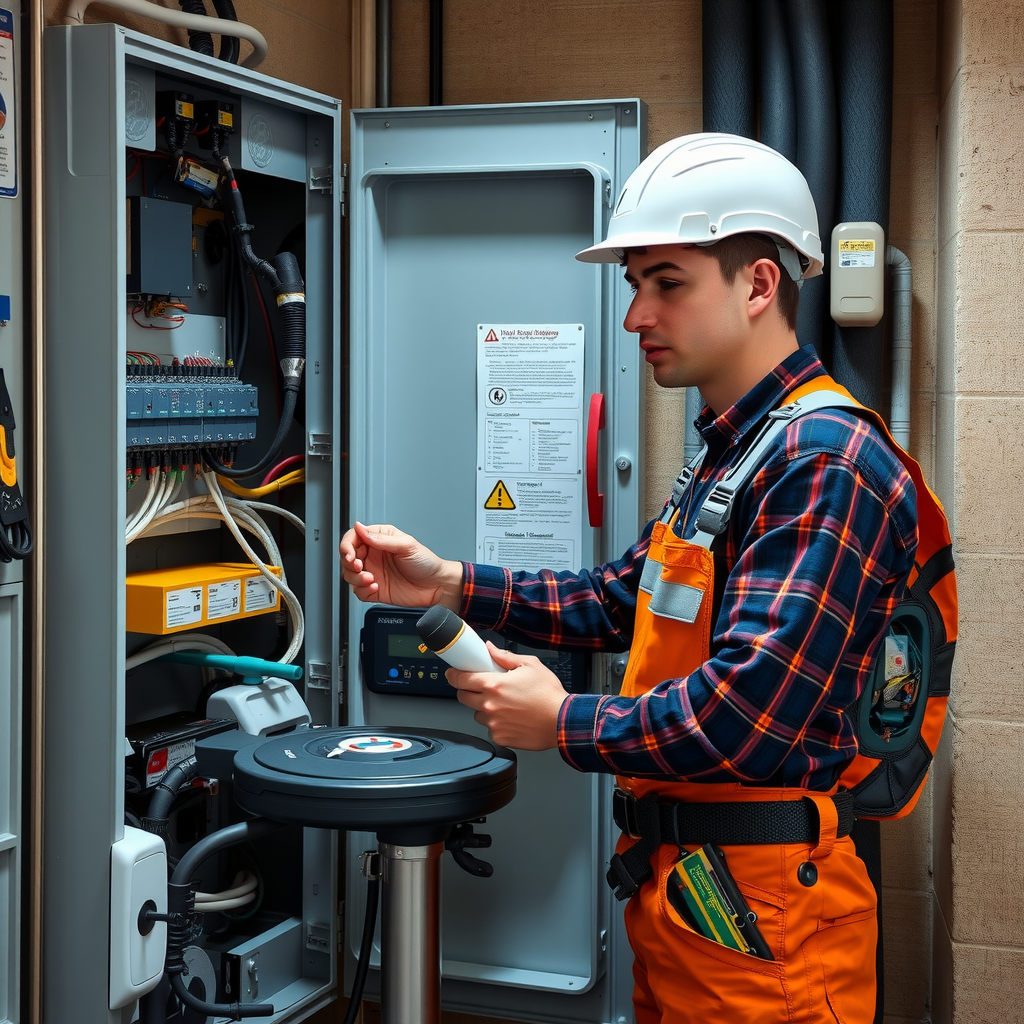 Electricista profesional instalando circuito dedicado para cargador de vehículo eléctrico, mostrando panel eléctrico, cableado nuevo y herramientas especializadas en ambiente de trabajo seguro