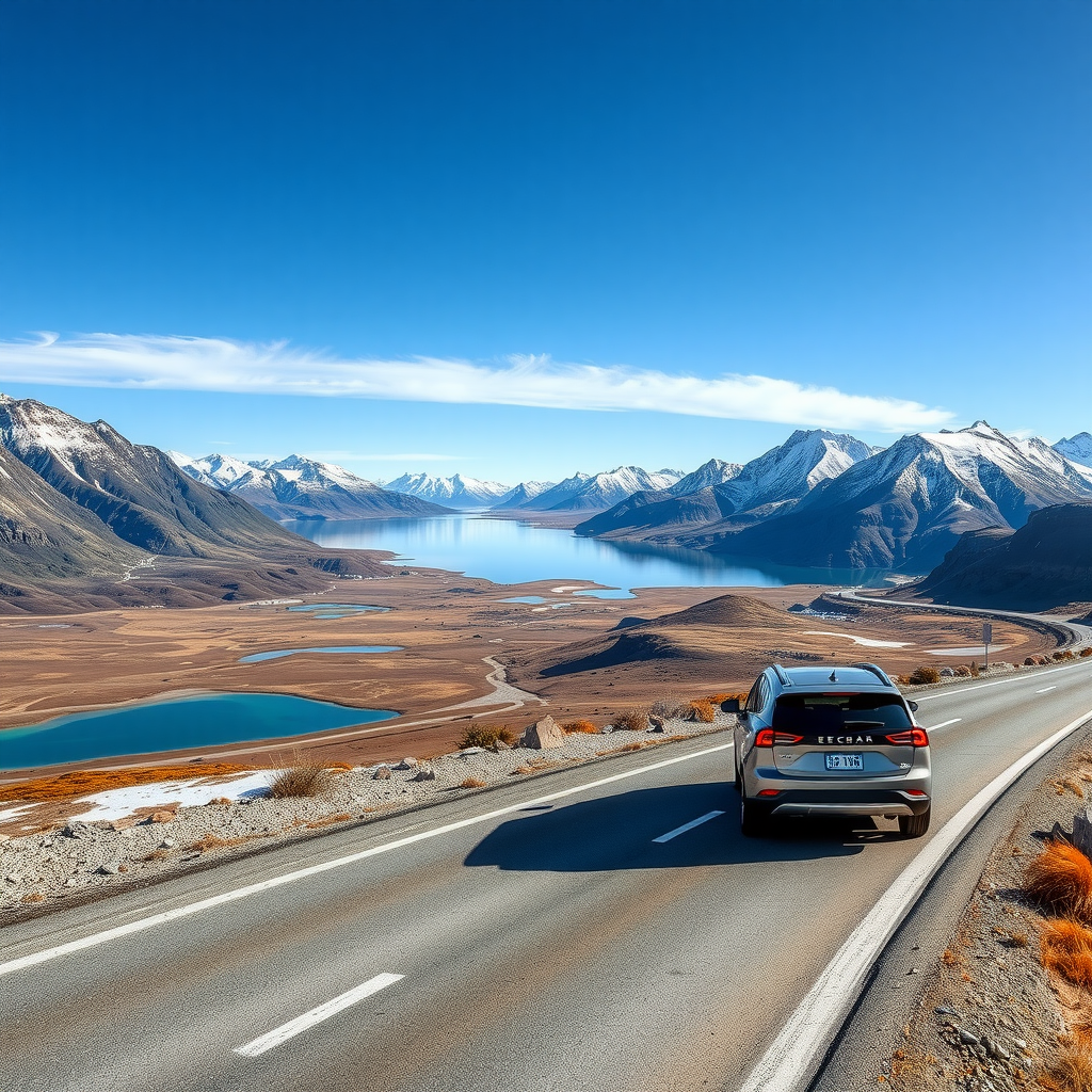 Paisaje panorámico de la Patagonia argentina con vehículo eléctrico en ruta escénica, mostrando montañas nevadas, lagos cristalinos y señalización de estaciones de carga ecológicas desde Bariloche hasta Ushuaia