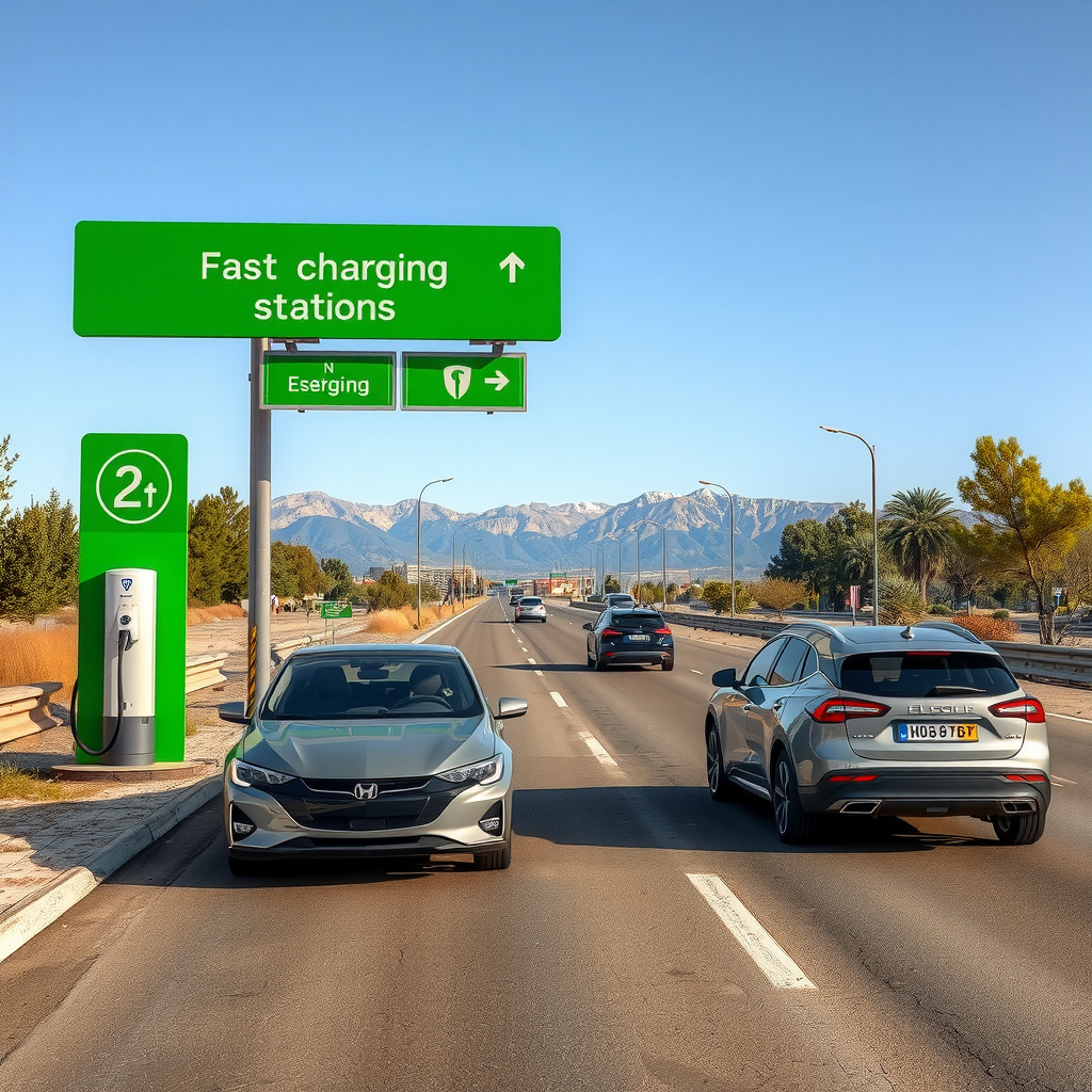 Área de servicio en autopista con estaciones de carga rápida para vehículos eléctricos, señalización verde brillante, autos eléctricos cargando, paisaje argentino de fondo