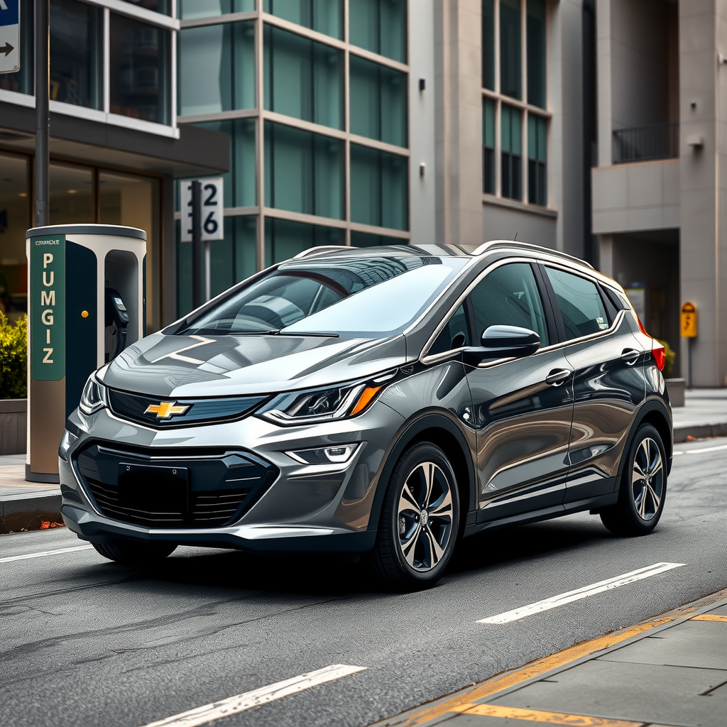 Chevrolet Bolt EUV color gris metálico en una calle urbana de Buenos Aires, con arquitectura moderna y estación de carga pública visible
