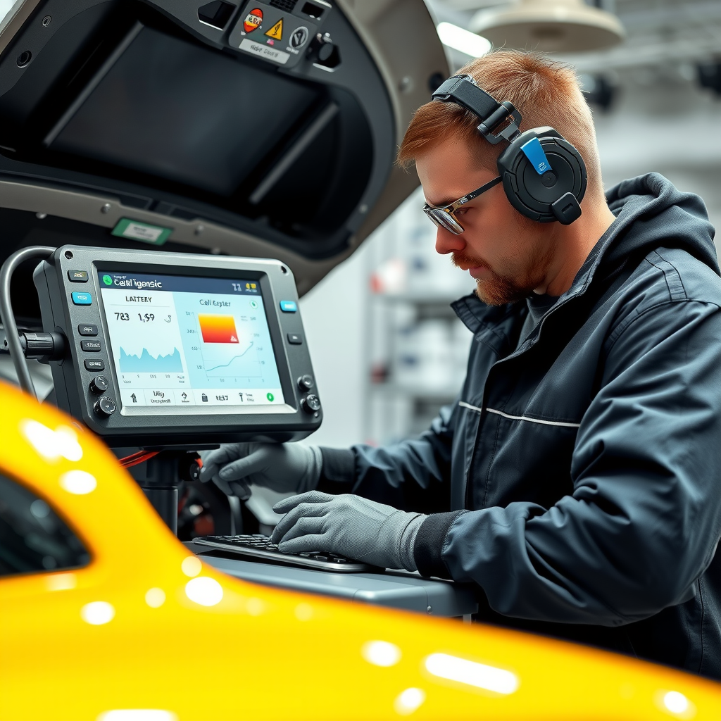 Técnico especializado en vehículos eléctricos realizando diagnóstico del sistema de batería con equipo profesional, mostrando pantalla con datos de temperatura y estado de salud de las celdas