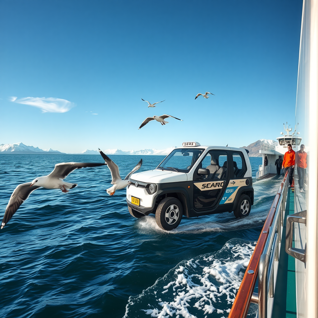 Ferry cruzando el Estrecho de Magallanes con un vehículo eléctrico a bordo, aguas azules y gaviotas volando
