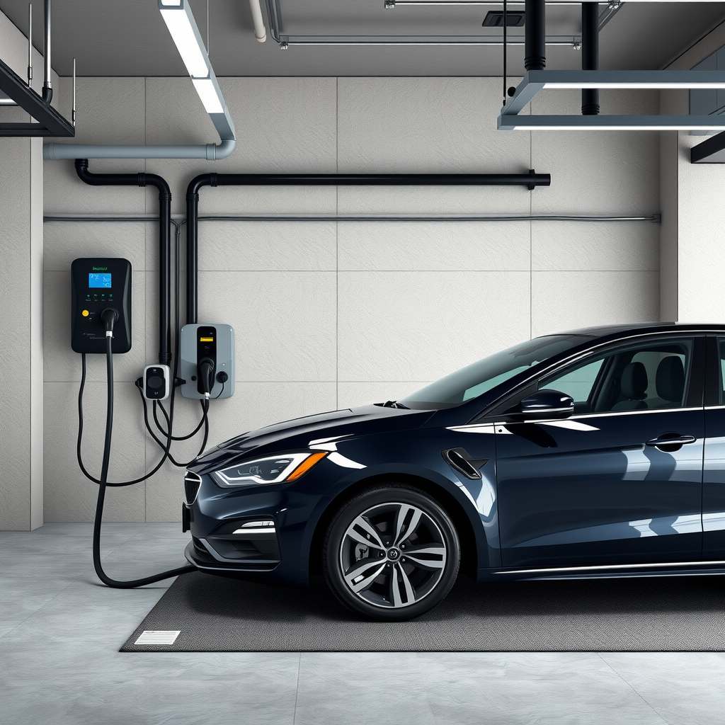 Garaje moderno con estación de carga doméstica para vehículos eléctricos instalada, mostrando cargador de Nivel 2 montado en pared, panel eléctrico y vehículo conectado con interfaz de carga inteligente