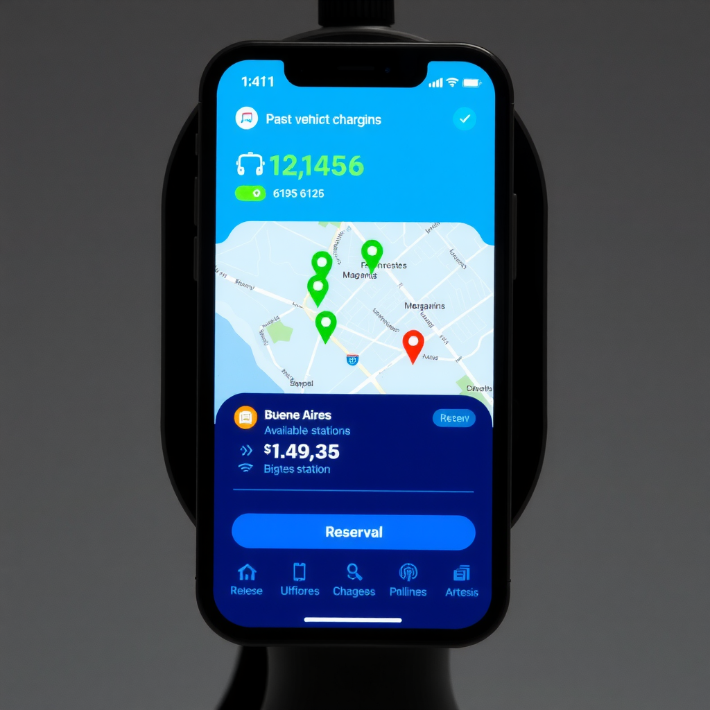 Smartphone mostrando aplicación de carga de vehículos eléctricos con mapa de Buenos Aires, iconos de estaciones disponibles, información de precios y botón de reserva, interfaz moderna azul y verde