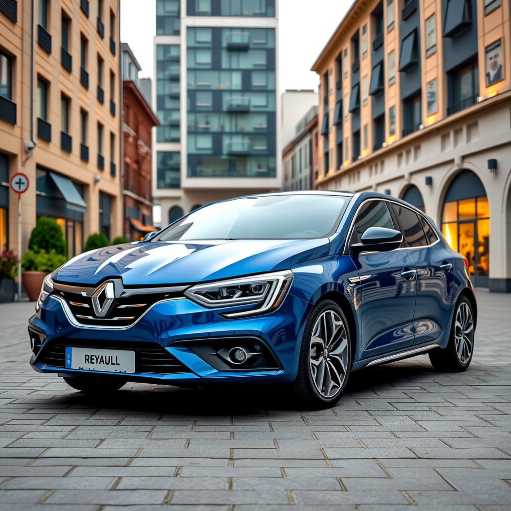 Renault Megane E-Tech color azul océano en una plaza urbana europea con arquitectura moderna, mostrando su diseño elegante y aerodinámico