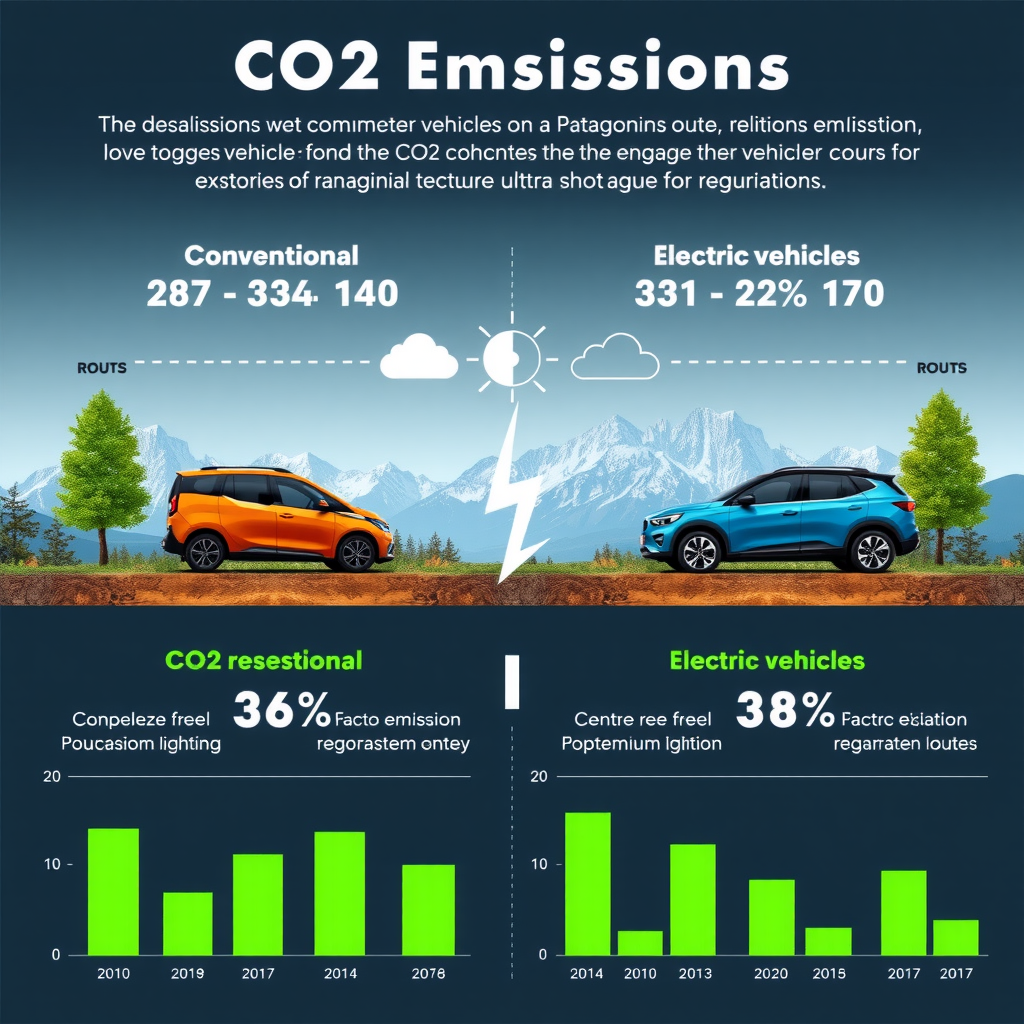 Infografía comparando emisiones de CO2 entre vehículo convencional y eléctrico en ruta patagónica, con iconos de árboles y gráficos verdes