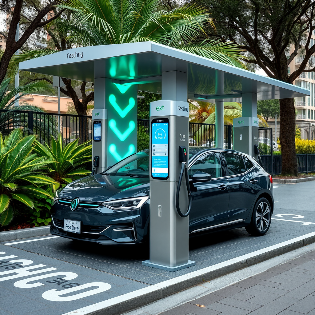 Moderna estación de carga rápida para vehículos eléctricos en Buenos Aires, Argentina, con múltiples conectores y tecnología de última generación, rodeada de espacios verdes urbanos