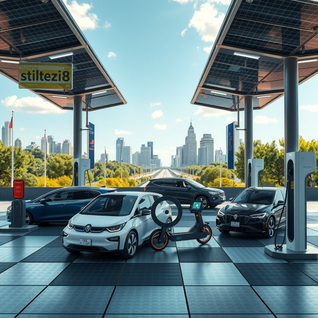 Visión futurista de estación de carga para vehículos eléctricos en Buenos Aires con paneles solares, diseño moderno, múltiples autos eléctricos, tecnología avanzada, ciudad verde de fondo