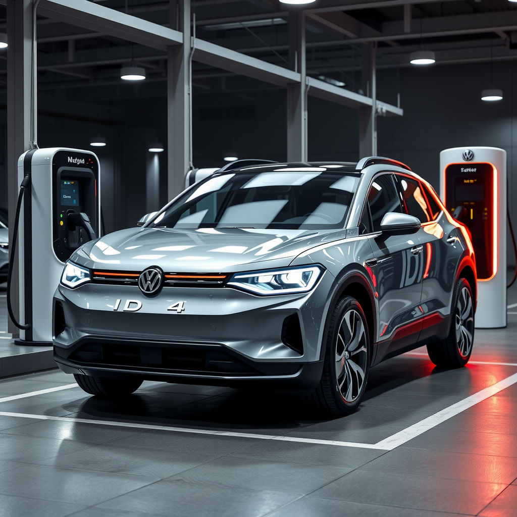 Volkswagen ID.4 color gris platino en una estación de carga rápida moderna, con diseño SUV elegante y luces LED distintivas encendidas