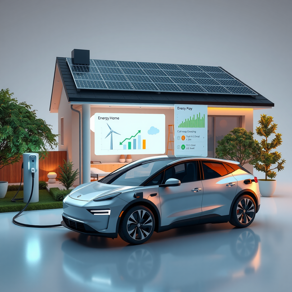 Visualización futurista de hogar inteligente con vehículo eléctrico conectado a cargador, paneles solares en techo, sistema de gestión energética en pantalla digital y flujo de energía ilustrado